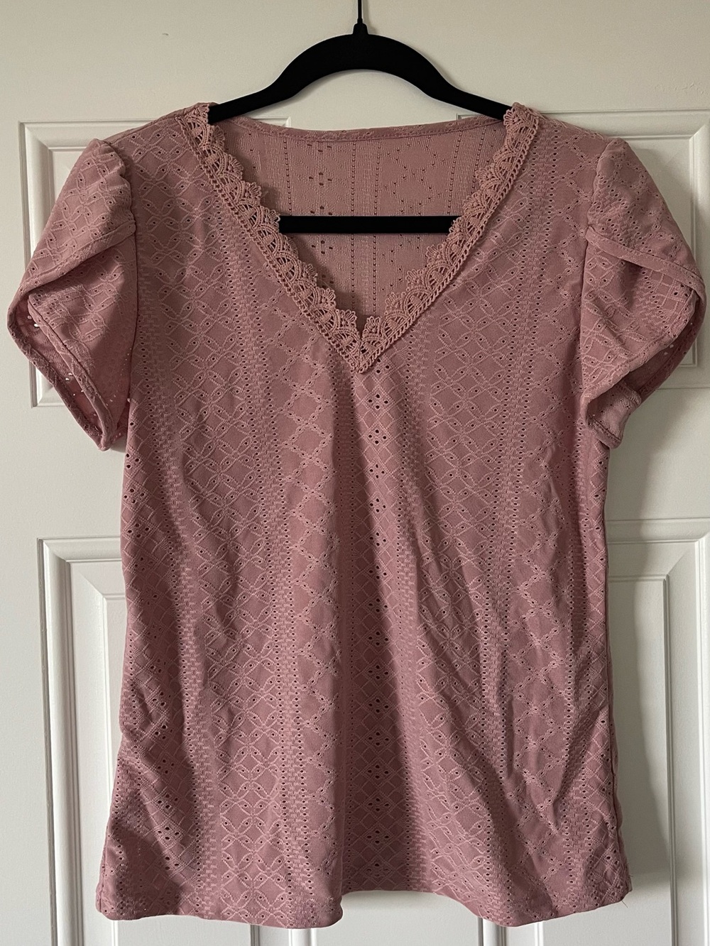 SHEIN Dusty Rose Eyelet V-Neck Lace-Trim Top